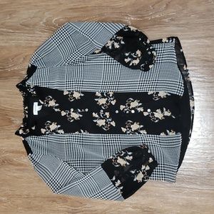 (S) Calvin Klein Floral Sheer Overlay Houndstooth Statement Sleeve Blouse Ruffle